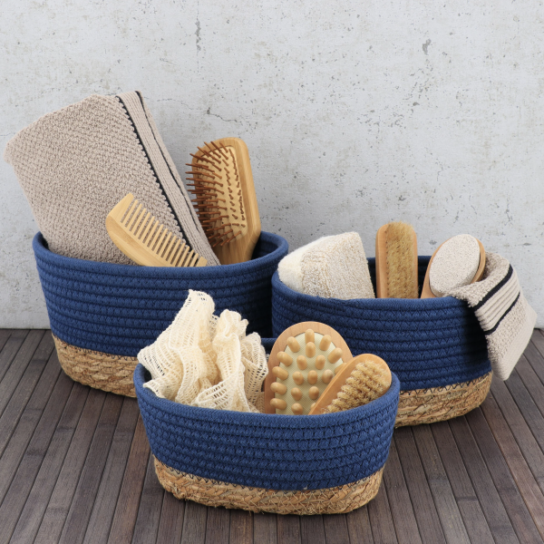 TRENDANCE SET OF BASKET 3/1, SEA GRASS/COTTON, BLUE/NATURAL - Image 2