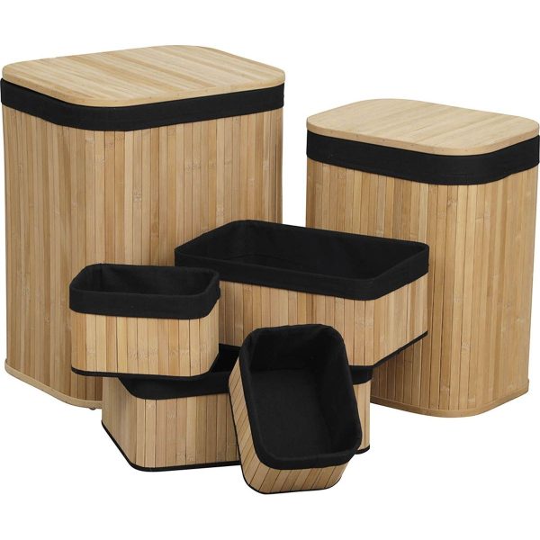 TENDANCE BASKET SET 6/1, BAMBOO WITH TEXTILE INSERTION, BLACK