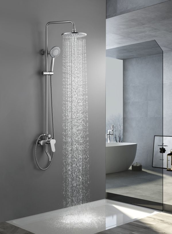 INTER CERAMIC SHOWER SYSTEM WITH BOTTOM SPOUT MARSEILLE WITH 1-FUNCTION SHOWER ROSE AND 5-FUNCTION SHOWER WAND STAINLESS STEEL SS304 MATT SILVER - Image 2