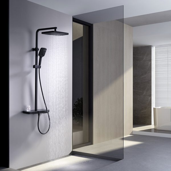 INTER CERAMIC PIANO SHOWER SYSTEM MAJESTIC WITH THERMOSTAT, SHOWER ROSE AND SHOWER BATH MAT BLACK