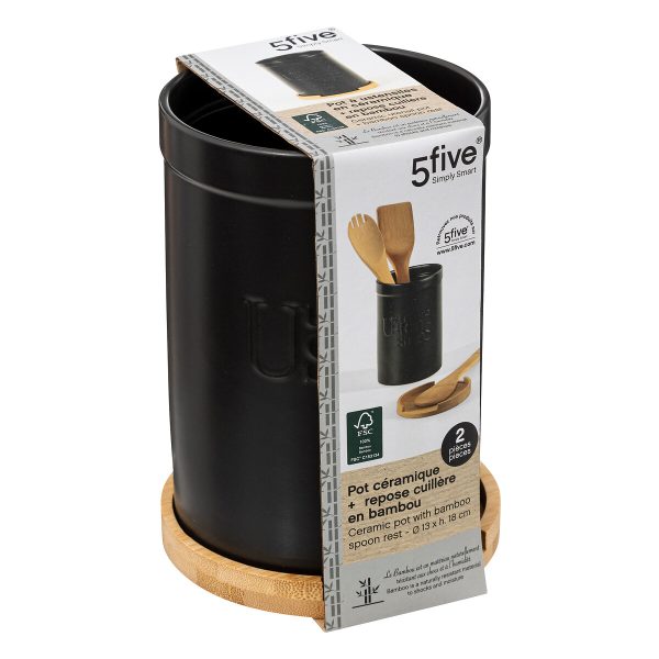 FIVE KITCHEN UTENSIL HOLDER NATUREO CERAMIC/BAMBOO BLACK - Image 4