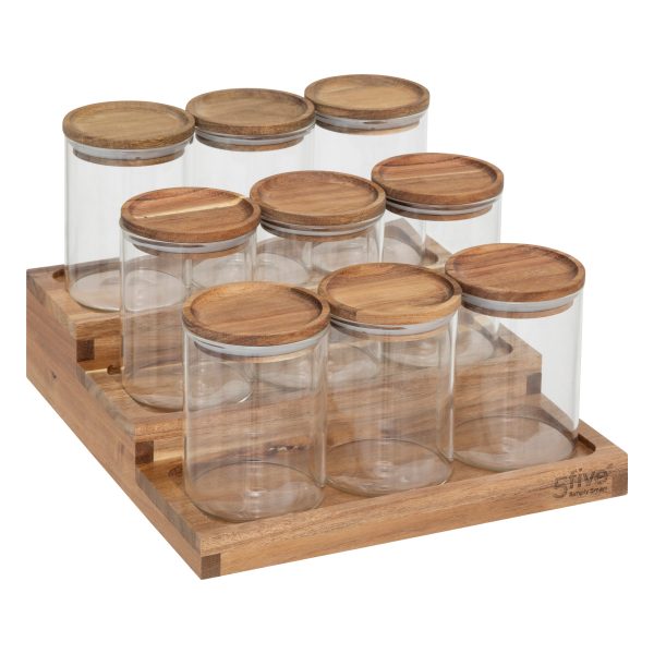 FIVE SET OF SPICE JARS WITH STAND HARMONY, 23X24X15CM ACACIA/BOROSILICATE GLASS BROWN 9/1