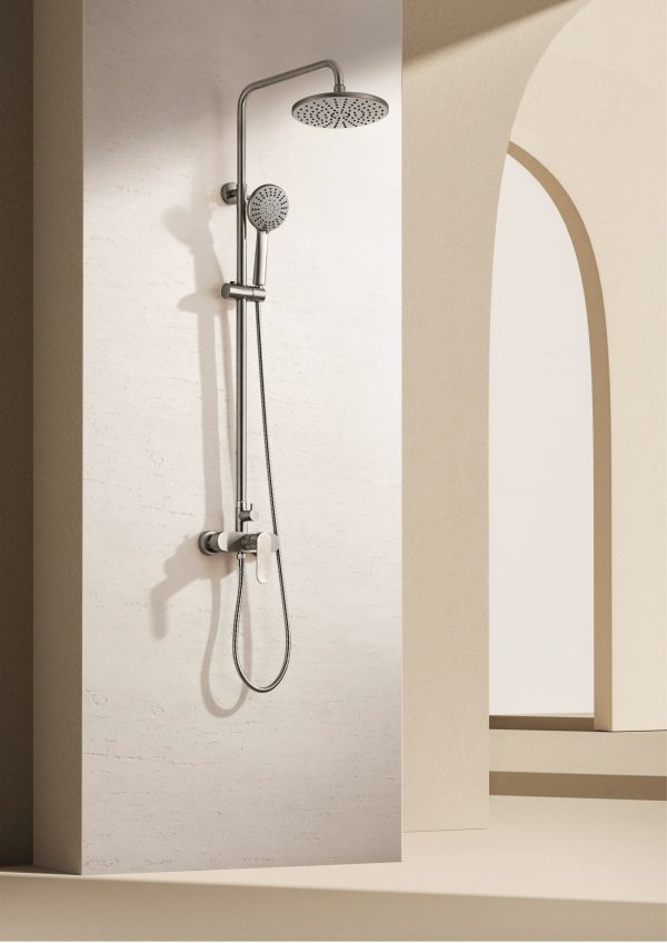 INTER CERAMIC SHOWER SYSTEM MARSEILLE WITH 1-FUNCTION SHOWER ROSE AND 5-FUNCTION SHOWER WAND STAINLESS STEEL SS304 MATT SILVER