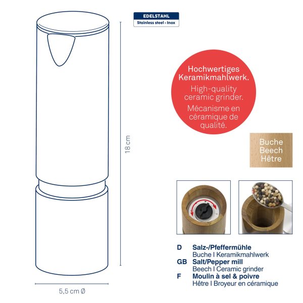 KELA MLINAC ZA SOL I PAPAR KAURI, 18x5,5cm BUKVA SVJETLOSMEĐA - Slika 4