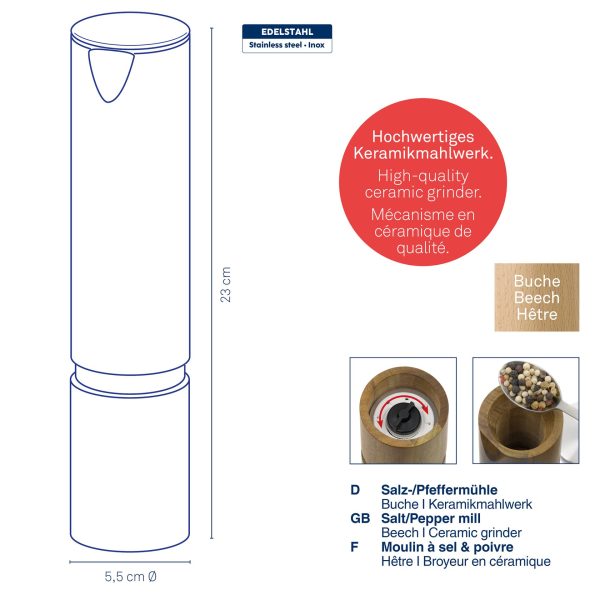 KELA MLINAC ZA SOL I PAPAR KAURI, 23x5,5cm BUKVA SVJETLOSMEĐA - Slika 4
