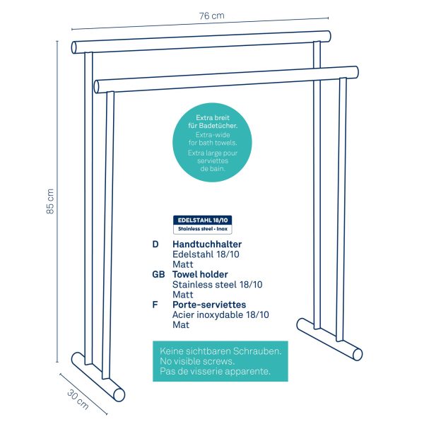 KELA FREESTANDING TOWEL HOLDER PRIAMO, 76x30x85cm STAINLESS STEEL 18/10 MAT SILVER - Image 4