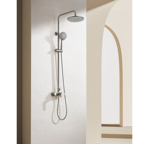 INTER CERAMIC SHOWER SYSTEM MARSEILLE WITH 1-FUNCTION SHOWER ROSE AND 5-FUNCTION SHOWER WAND STAINLESS STEEL SS304 MATT SILVER - Image 2