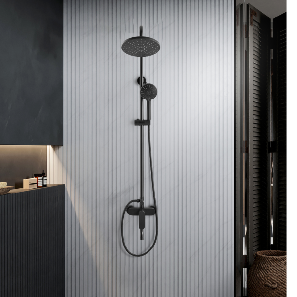 INTER CERAMIC SHOWER SYSTEM WITH BOTTOM SPOUT TORINO WITH 1-FUNCTION SHOWER ROSE AND 5-FUNCTION SHOWER WAND STAINLESS STEEL SS304 MATT BLACK - Image 2